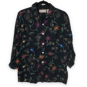 New Direction Black Embroidered Linen Cotton Floral Button Up Shirt Womens Small